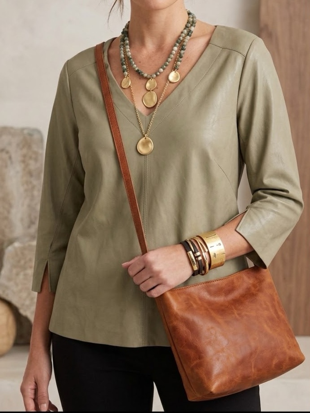 NWT Max Studio Faux Suede V-Neck Pullover Top 3/4 Sleeve Taupe Size XL